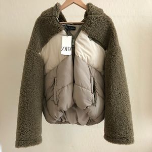 Brand New with tags Zara Sage Taupe Tan Combination Puffer Zip Jacket size L